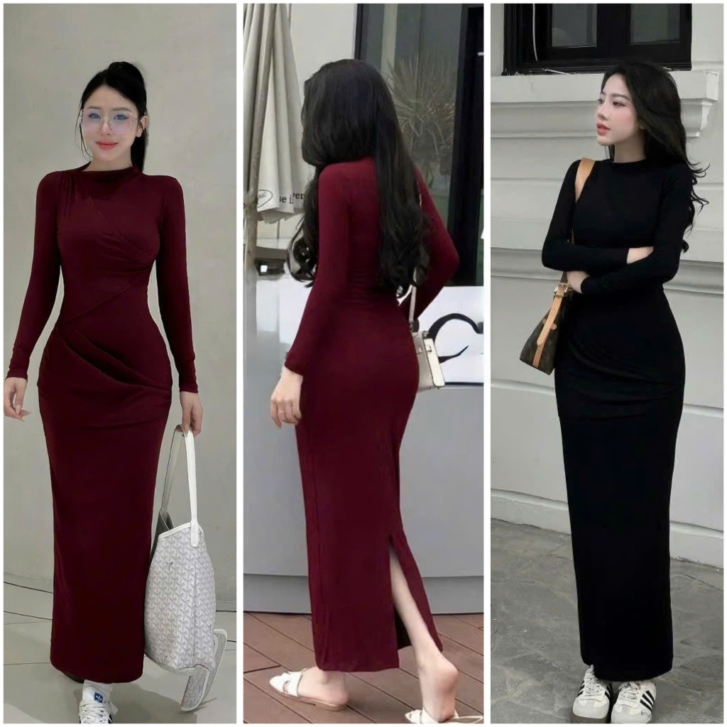 Đầm Body Nữ Dáng Dài LONACO D241, Váy Nữ Cổ Trò Tay Dài Thiết Kế Sẻ Tà Basic Trẻ Trung Năng Động