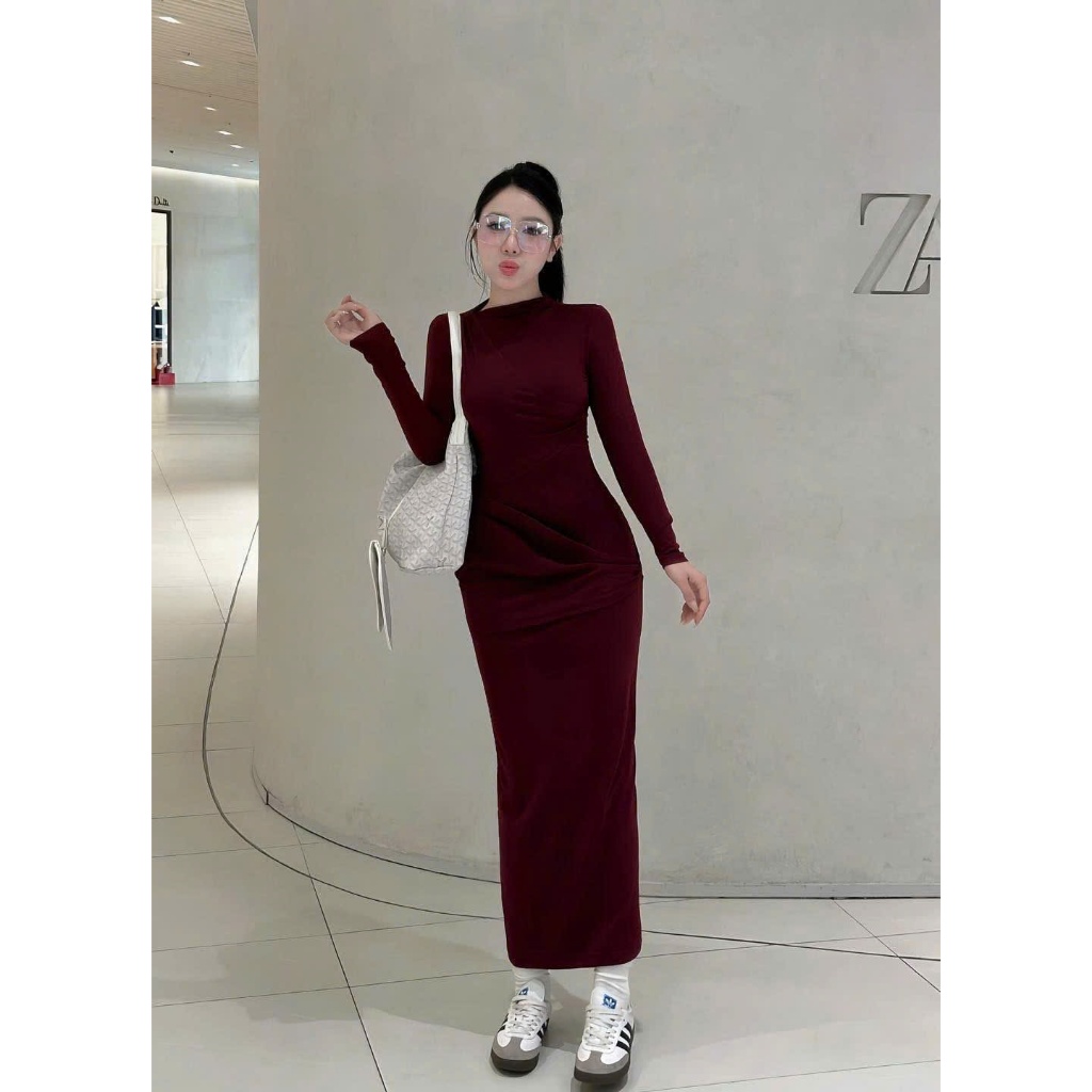 Đầm Body Nữ Dáng Dài LONACO D241, Váy Nữ Cổ Trò Tay Dài Thiết Kế Sẻ Tà Basic Trẻ Trung Năng Động | BigBuy360 - bigbuy360.vn