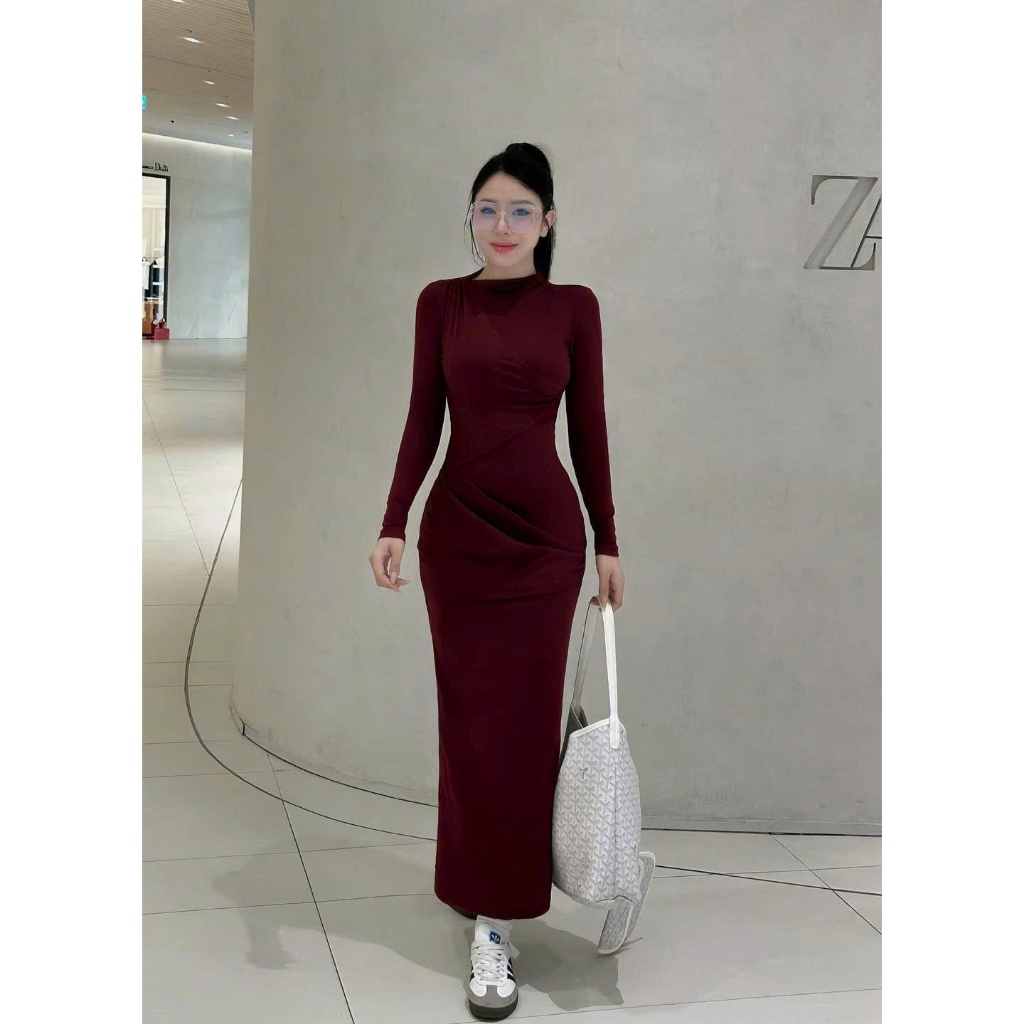 Đầm Body Nữ Dáng Dài LONACO D241, Váy Nữ Cổ Trò Tay Dài Thiết Kế Sẻ Tà Basic Trẻ Trung Năng Động | BigBuy360 - bigbuy360.vn