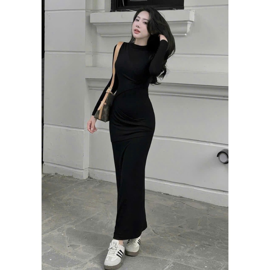 Đầm Body Nữ Dáng Dài LONACO D241, Váy Nữ Cổ Trò Tay Dài Thiết Kế Sẻ Tà Basic Trẻ Trung Năng Động | BigBuy360 - bigbuy360.vn