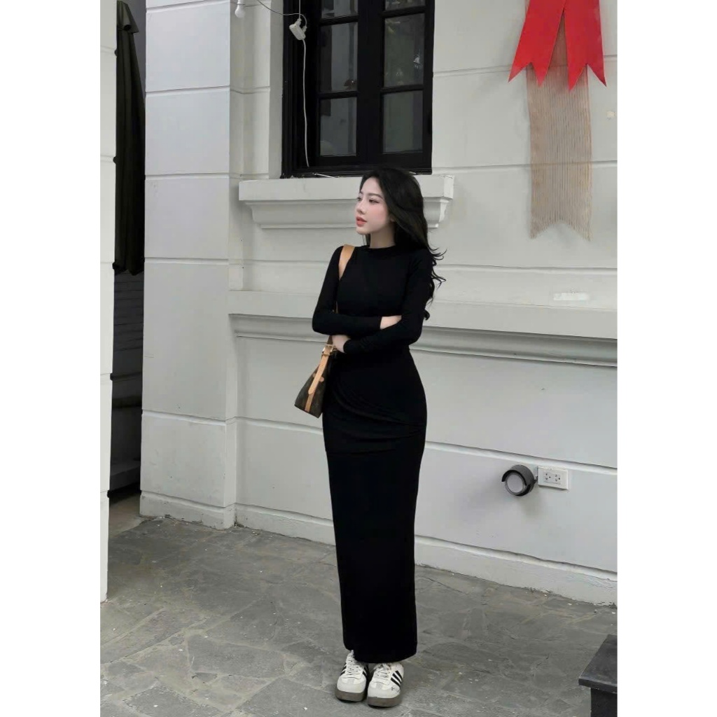 Đầm Body Nữ Dáng Dài LONACO D241, Váy Nữ Cổ Trò Tay Dài Thiết Kế Sẻ Tà Basic Trẻ Trung Năng Động | BigBuy360 - bigbuy360.vn