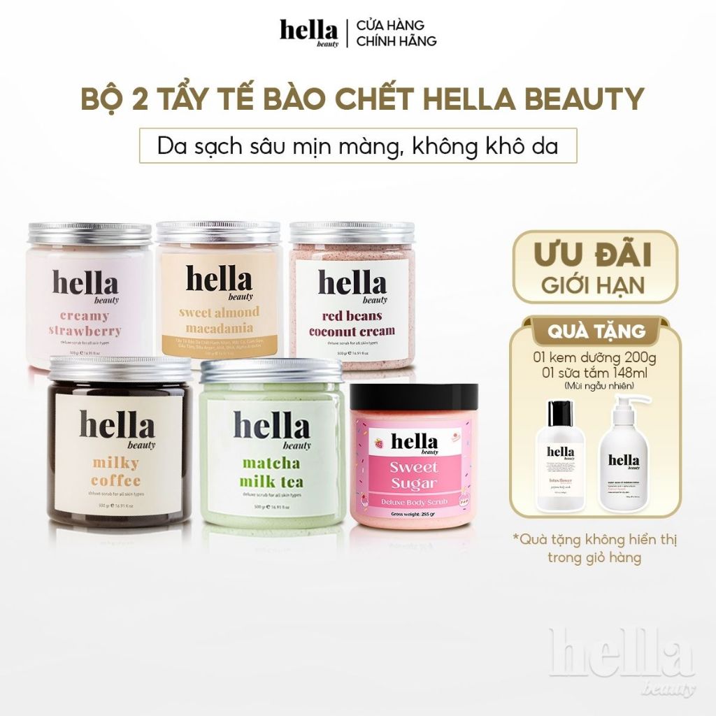 Bộ 2 tẩy tế bào chết body Hella Beauty giúp làm sạch sâu hỗ trợ dưỡng sáng da đều màu