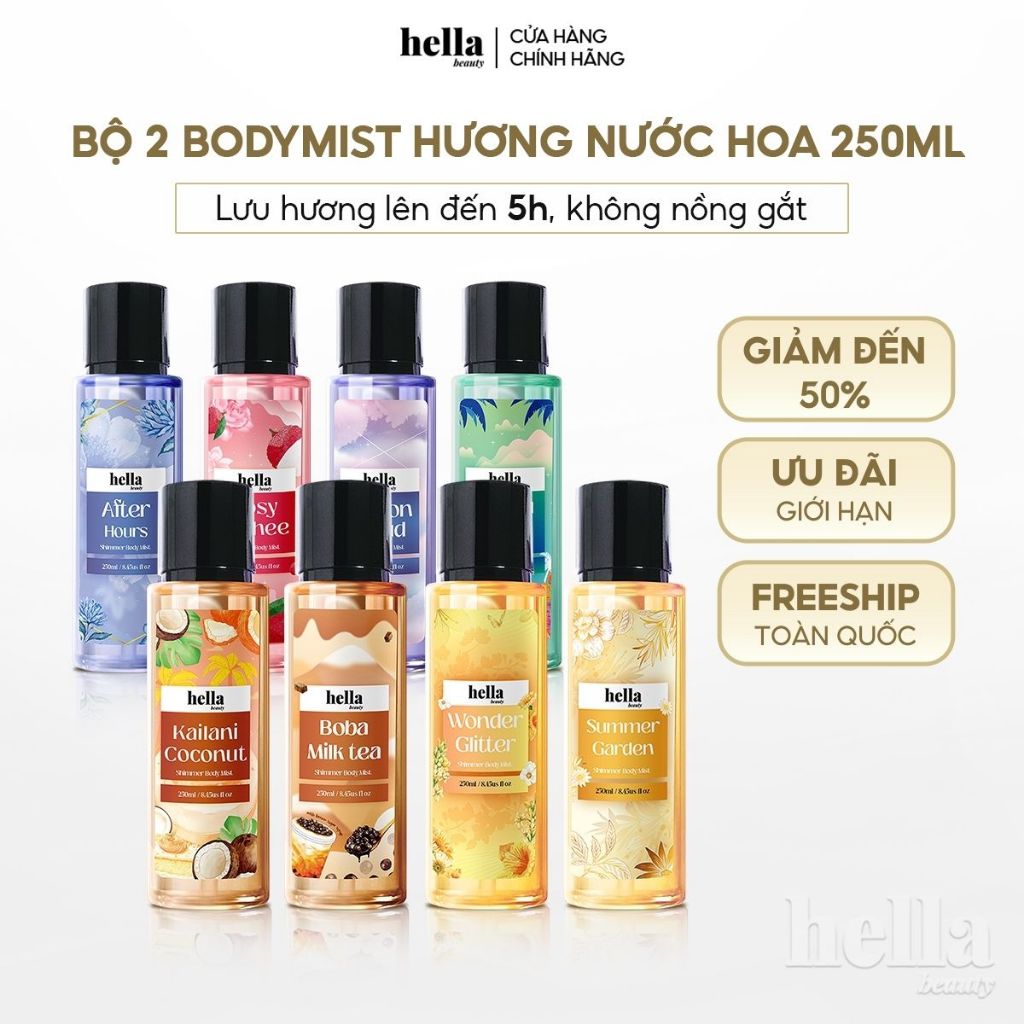 Bộ 2 xịt thơm body mist hương nước hoa Hella Beauty 250ml lưu hương lâu, an toàn cho da nhạy cảm