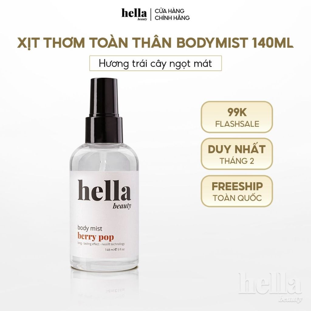 Xịt thơm body mist nước hoa hương trái cây Hella Beauty lưu hương lâu, an toàn cho da nhạy cảm