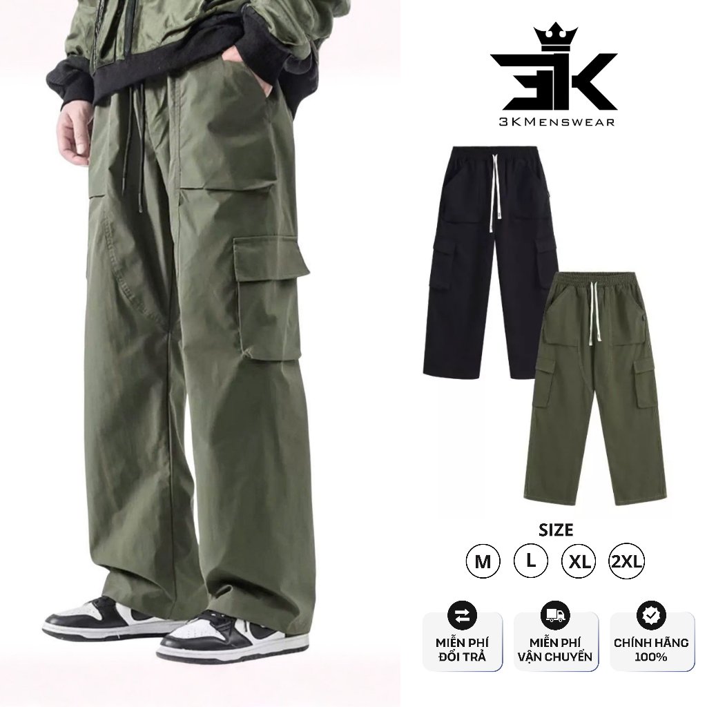 Quần Cargo kaki túi hộp 3KMENSWEAR, Quần Dài jean from uNIsex dáng suông form 45-85kg Có Túi