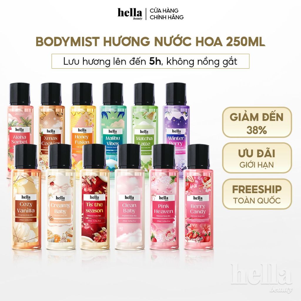 Xịt thơm body mist hương nước hoa Hella Beauty 250ml lưu hương lâu, an toàn cho da nhạy cảm
