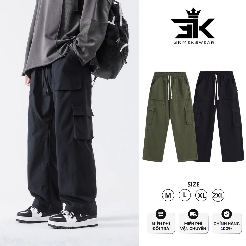 Quần Cargo kaki túi hộp 3KMENSWEAR, Quần Dài jean from uNIsex dáng suông form 45-85kg Có Túi