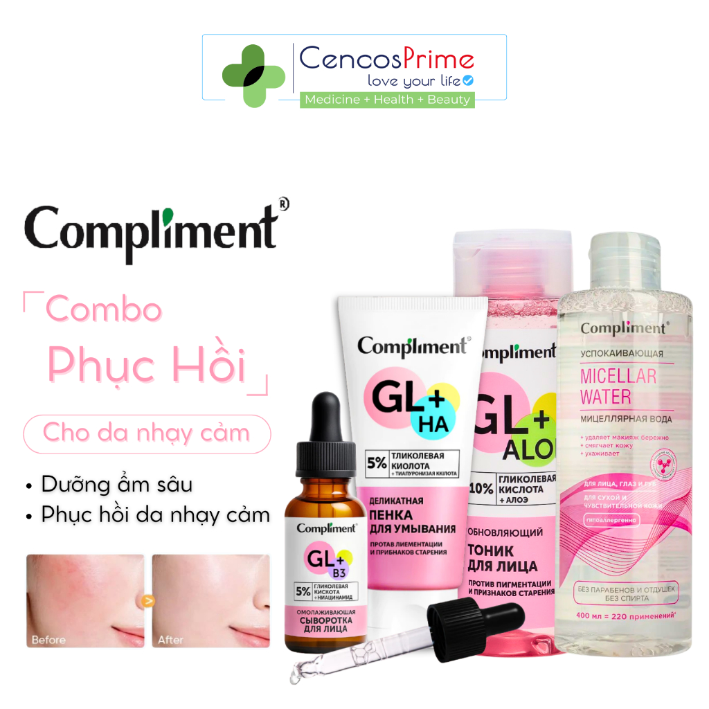 [COMBO]Sữa rửa mặt Compliment + Tẩy Trang + Toner + Serum Compliment Glycolic 5% Niacinamide