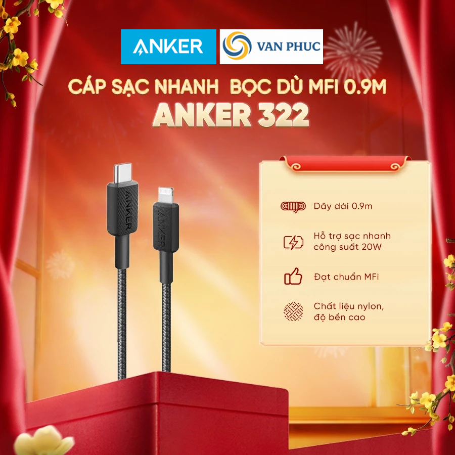 Cáp sạc nhanh Anker 322 bọc dù MFI 0.9m A81B5