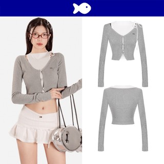 Áo croptop kiểu nữ kèm khoác tay dài DKMV màu xám phối ba lỗ trắng cổ cao nút cài ngọc trai đáng yêu Joy Top| K-T25