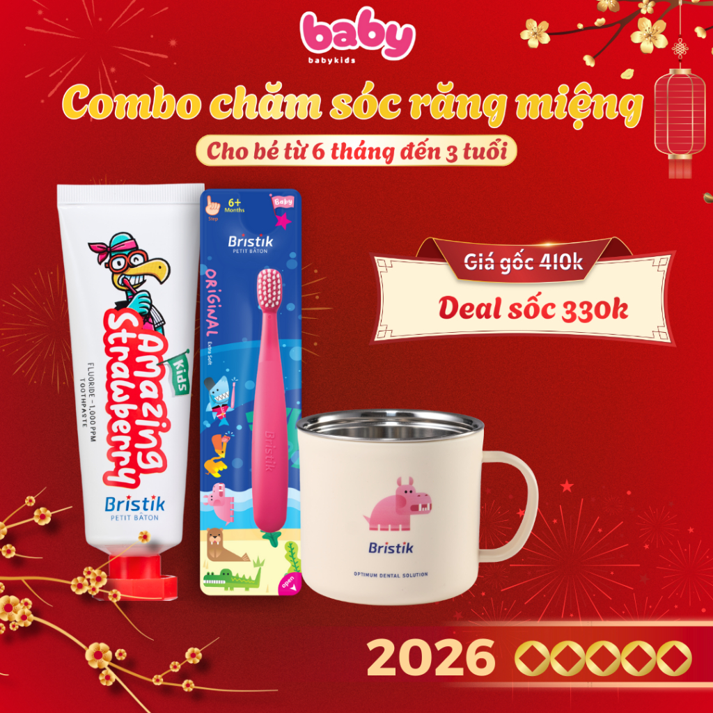 Combo Chăm Sóc Răng Miệng Cho Bé 6 tháng - 3 Tuổi Bristik | Ngừa Sâu Răng Kem Đánh Răng+Bàn Chải+Ly