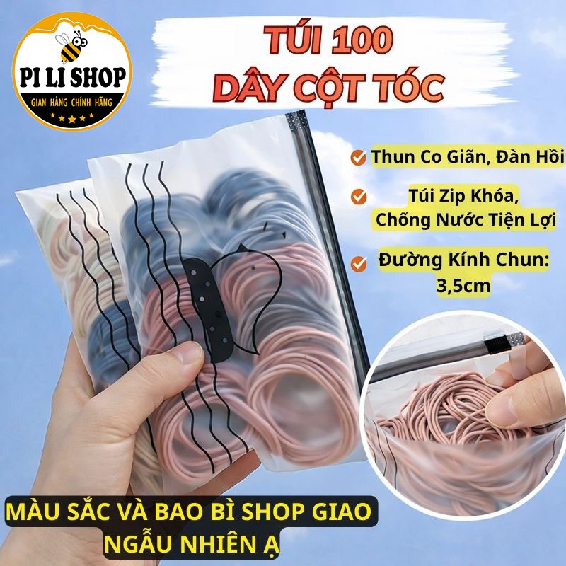 Set 100 Dây Thun Cột Tóc Cho Nữ Co Giãn Tốt Kèm Túi Zip, Chun Cột Tóc Mix Nhiều Màu Dễ Thương