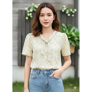Áo kiểu nơ cổ tròn tay ngắn màu sắc bốn màu họa tiết chất liệu vải lụa kiếu dáng suông