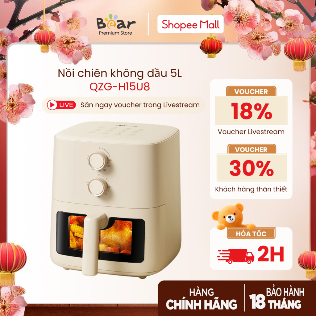 [Bear Premium] Nồi Chiên Không Dầu 5L Bear QZG-H15U8 (AF-5H15Y37) | 1500W - Màn Hình Hiển Thị Cảm Ứn