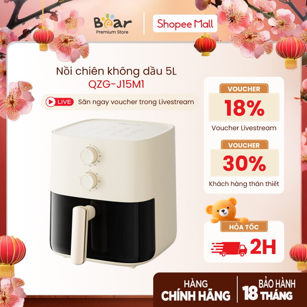 Nồi Chiên Không Dầu 5L Bear QZG-J15M1 (AF-4H15K)/ QZG-H15U8 (AF-5H15Y37) | 1500W - Cửa Kính Trong Su