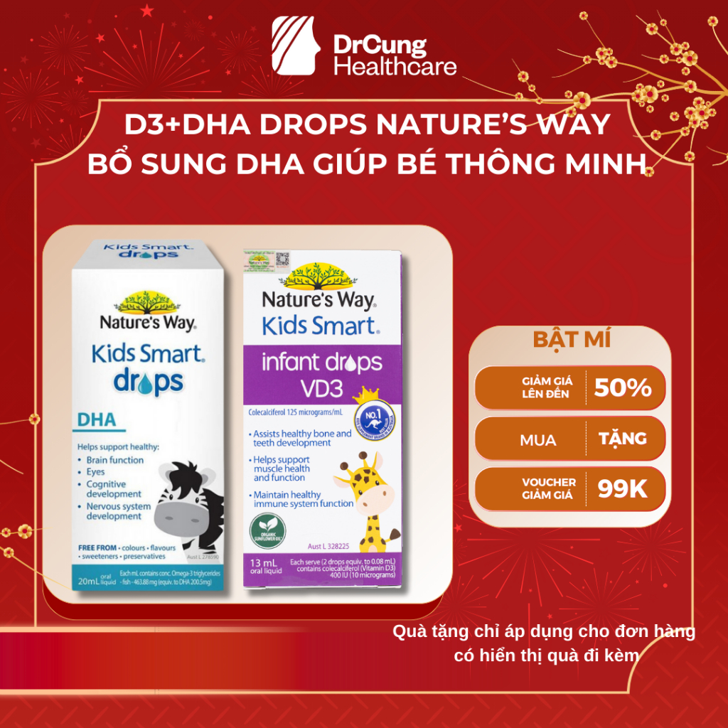 COMBO 2 HỘP DHA DROPS + D3 Thuần Hữu Cơ Cho Bé - Bổ Sung DHA, D3 Giúp Bé Thông Minh, Cao Lớn