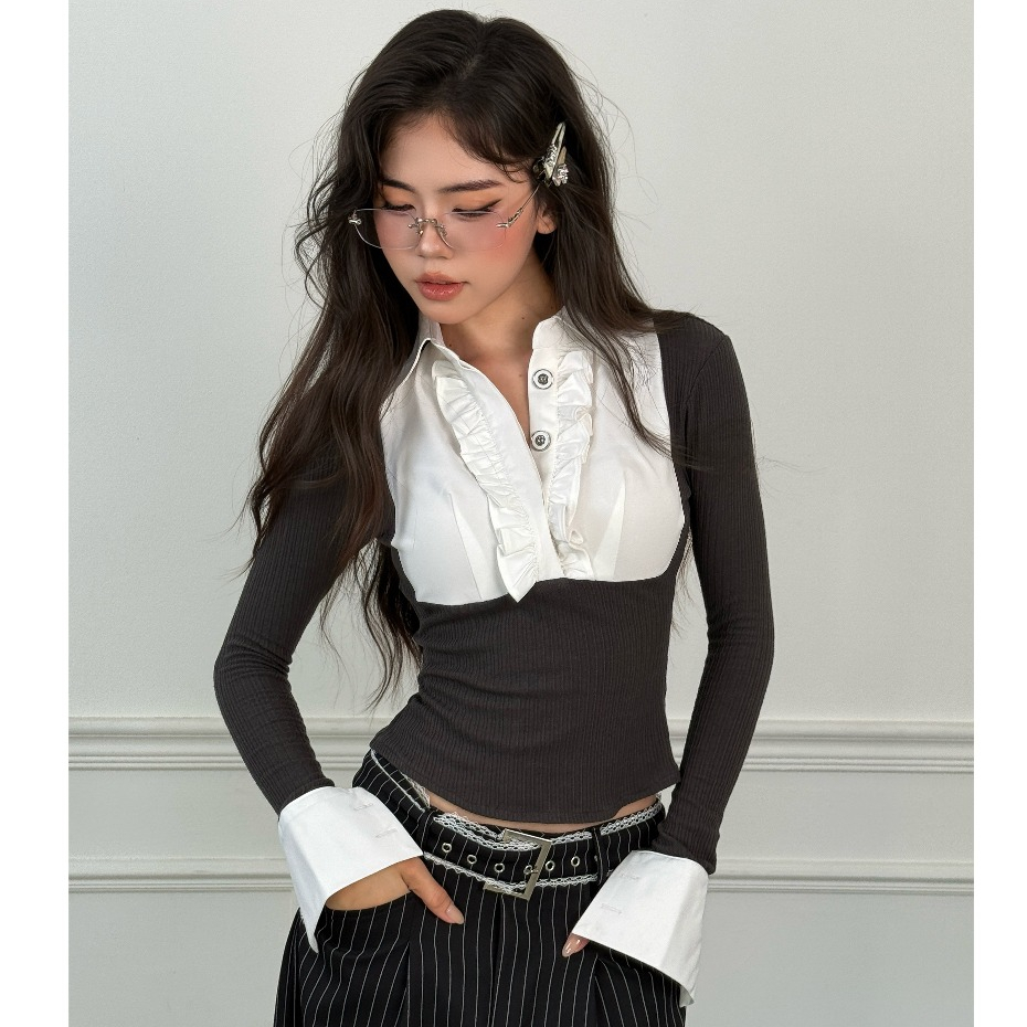 Áo thun tay dài cổ sơ mi phối bèo nhún Beatrix Top Aiai Official