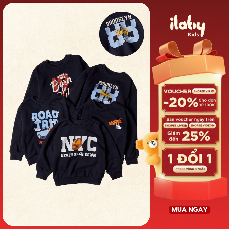 Áo sweater bé trai ILABY chất nỉ in chữ năng động cho bé lựa chọn [2851]