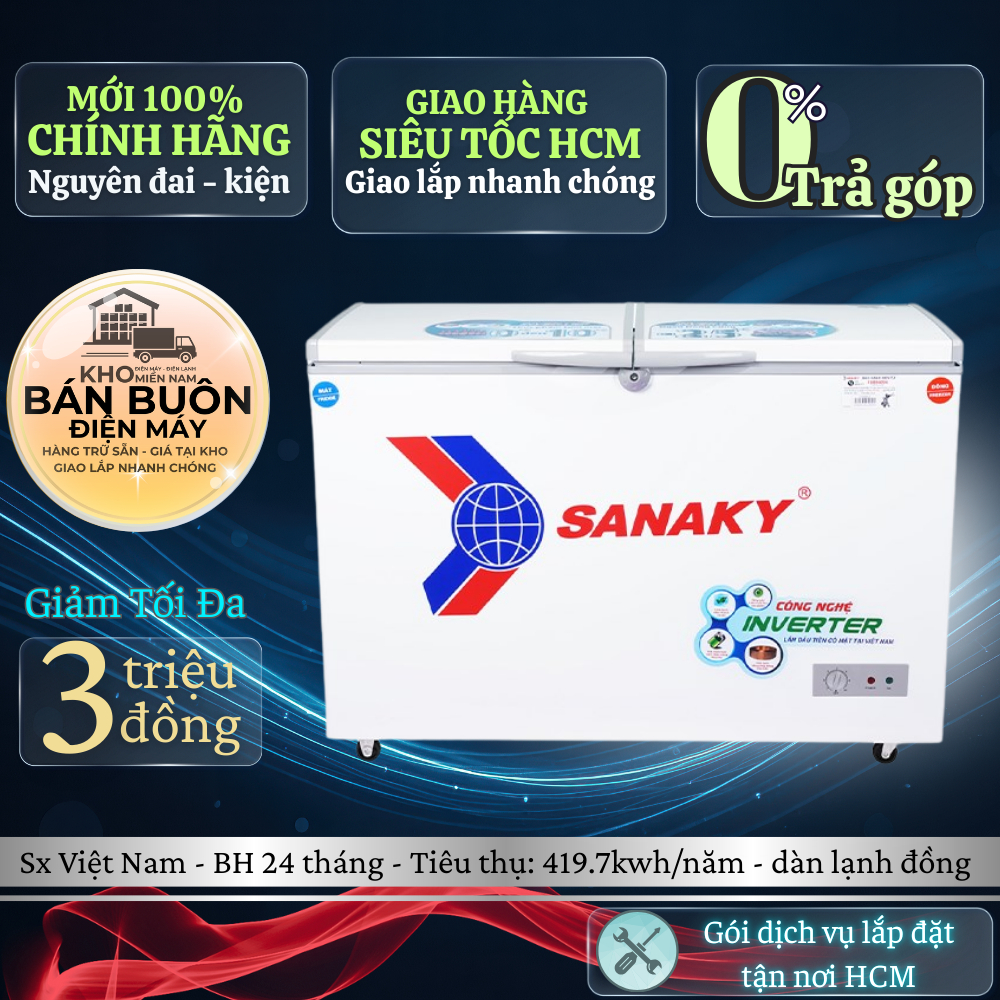 VH-4099W3 Tủ đông Sanaky Inverter 280 lít - 2 ngăn đông mát, dàn lạnh bằng đồng VH-4099W3