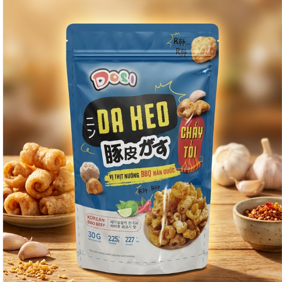 Da Heo Cháy Tỏi Vị BBQ POSI Giòn Rụm Đậm Vị 30g - Korean BBQ Pork Skin Snack.