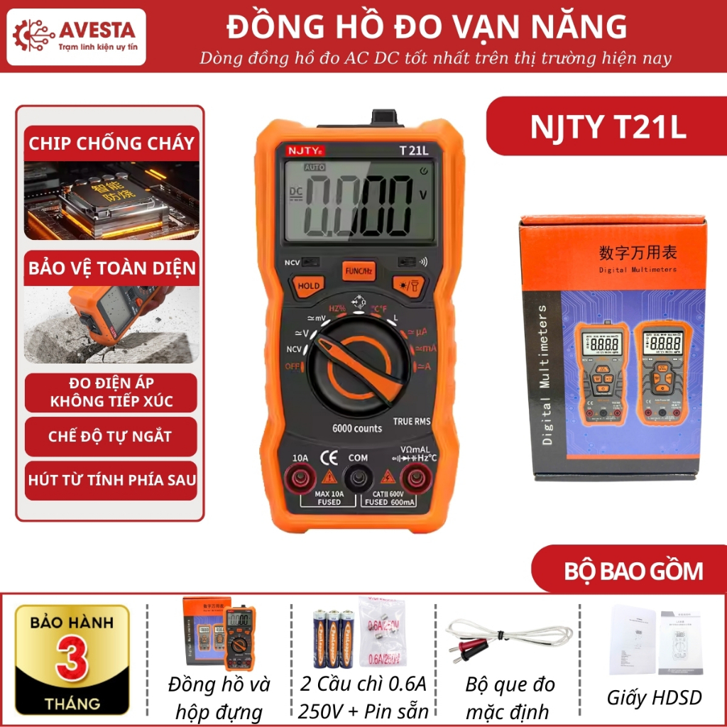 Đồng hồ đo điện NJTY T21L đo dòng điện AC DC, đo cuộn cảm, NCV không chạm siêu bền Avesta