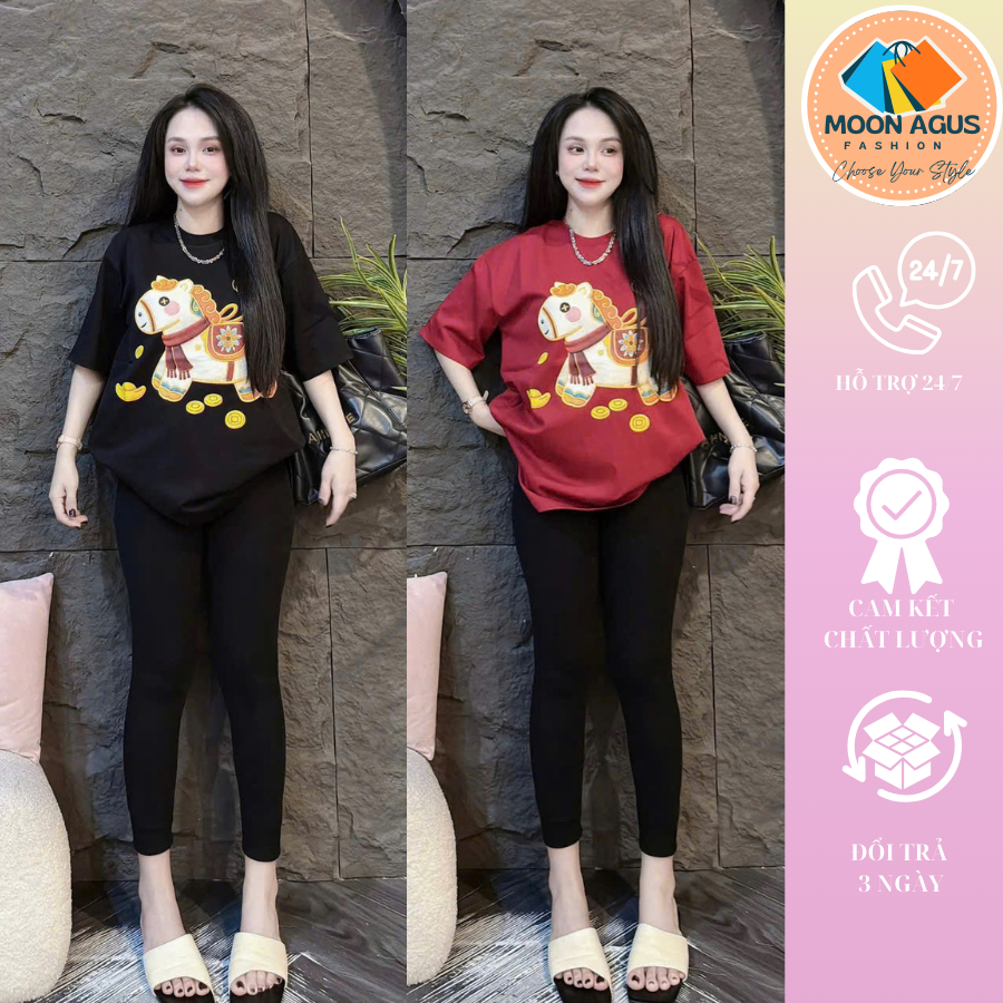 (Bigsize)Set đồ bộ nữ mặc nhà áo tay ngắn in ngựa vàng phối quần leging chất thun tăm 2 màu