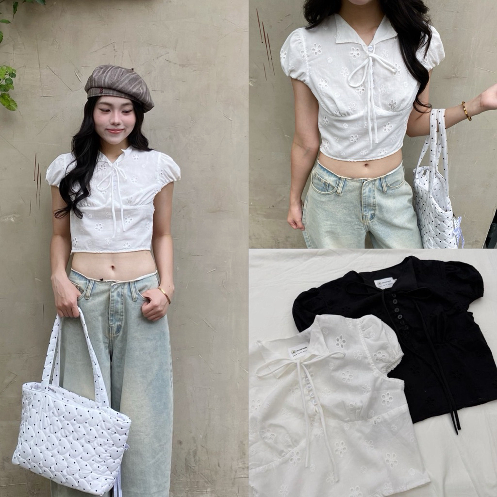 ZENNY TOP - Áo Kiểu DEROSE Xô Bôi Thêu Cổ Line Bẻ Cột Dây Nơ Áo Kiểu Nữ Xinh