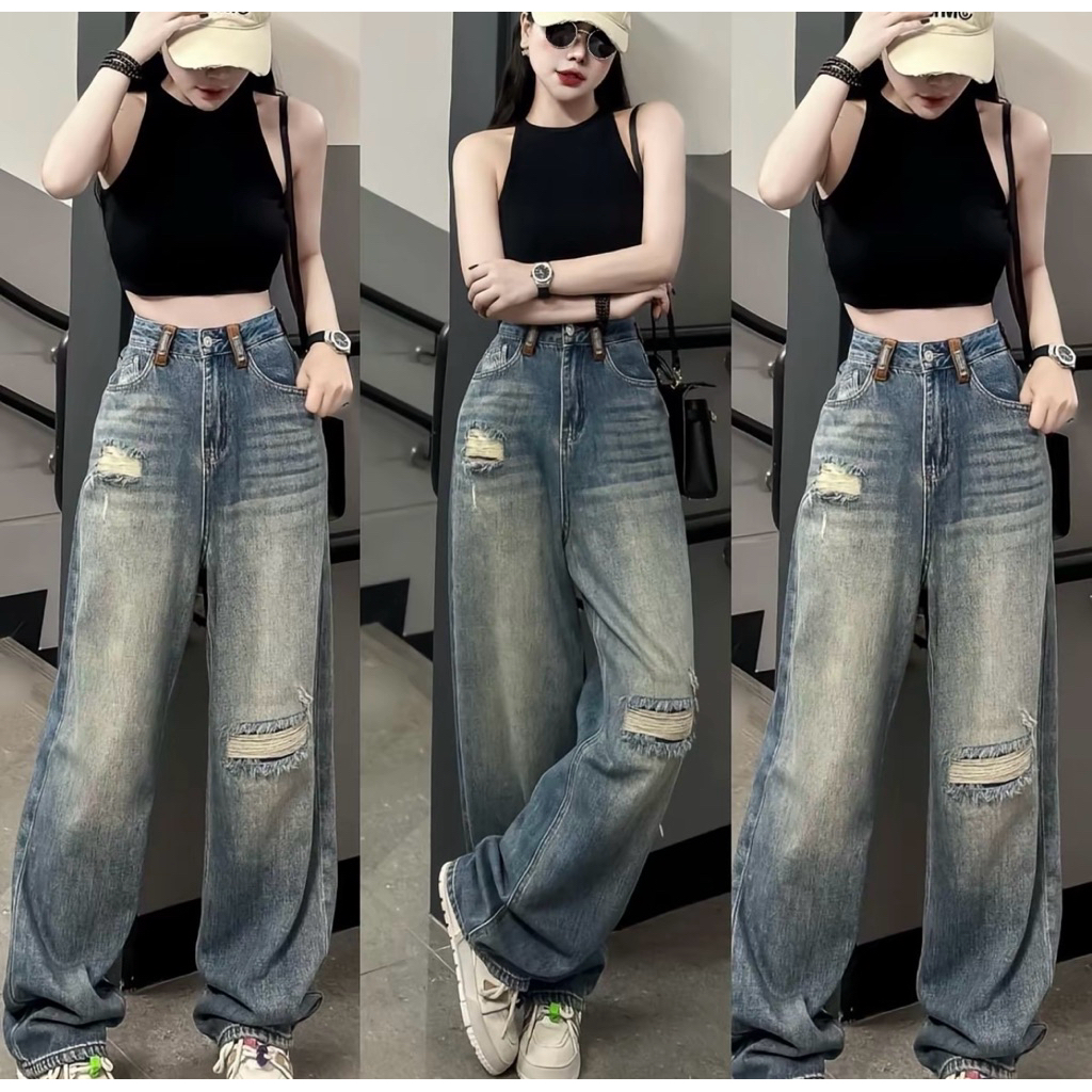 -	S-2XL)HHCHOU-Quần Jeans Suông Rách  Màu Đậm Trầm Wash 2 Bên Lưng Kiểu H2233
