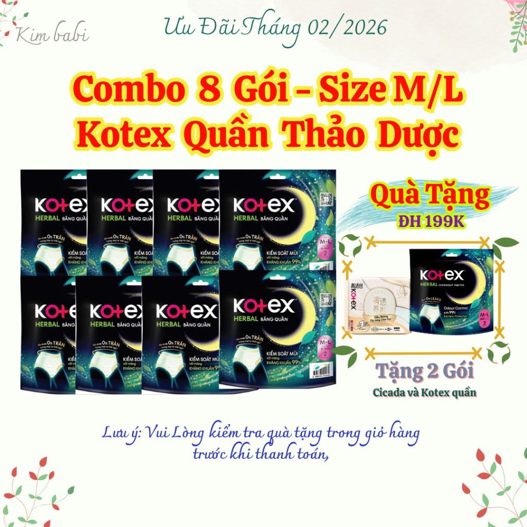 Combo 8 Băng Vệ Sinh Kotex Quần Thảo Dược M/L 2 miếng Kháng Khuẩn Kiểm Soát Mùi