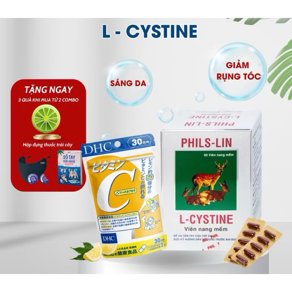 Combo L Cystine và vitamin C viên uống hỗ trợ giảm rụng tóc giảm nám tàn nhang mờ thâm sáng da tốt l