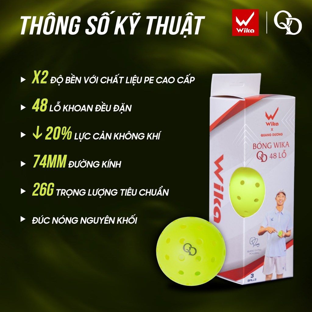 Quả Bóng Pickleball Wika Quang Dương 48 Lỗ Chính Hãng, Hộp 3 Bóng Thi Đấu Tiêu Chuẩn