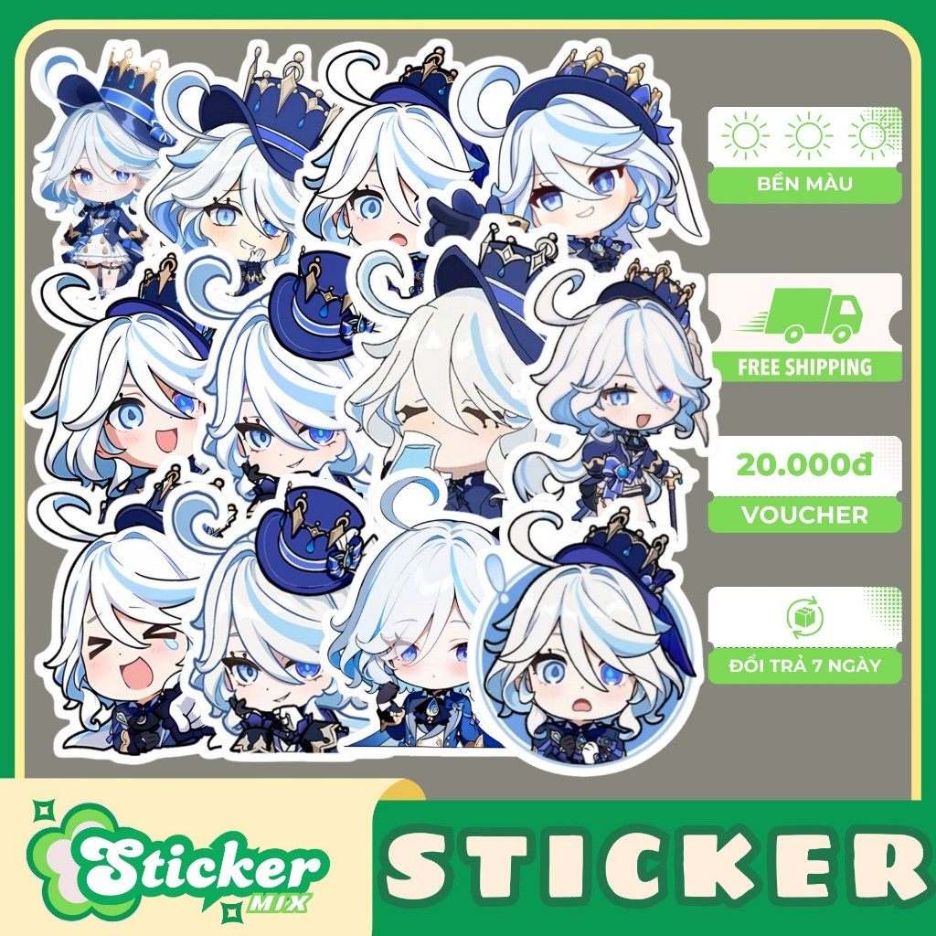 Bộ 50 sticker FURINA Genshin Impact Anime hoạt hình dễ thương chống nước trang trí hộp bút, ốp lưng.