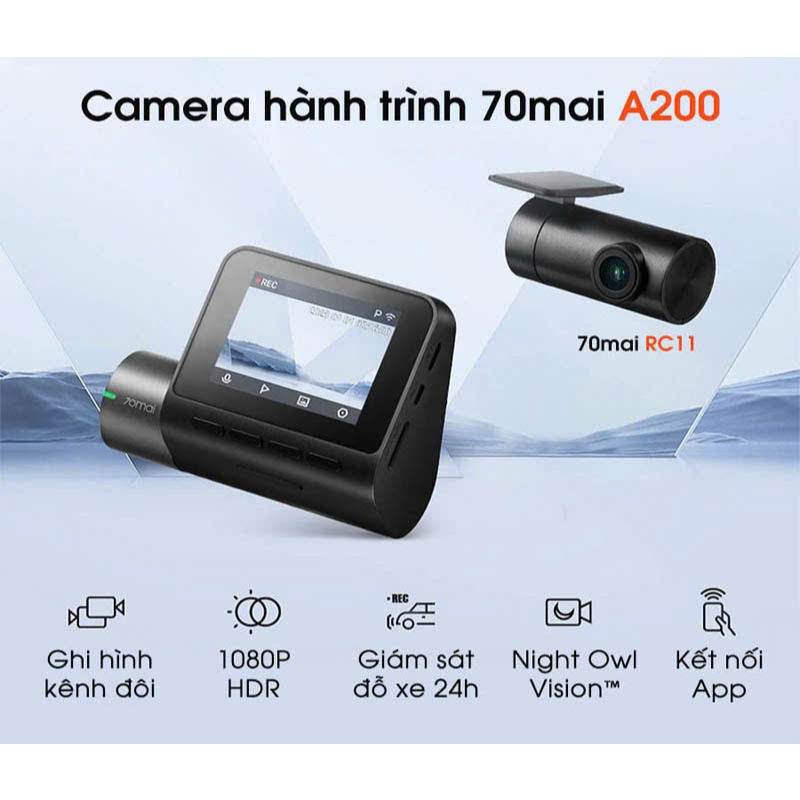 70mai Camera Hành Trình A200 Bản Quốc Tế Ghi Hình FullHD 1080P HDR 60FPS 2 Mắt Trước Sau Kết Nối Wi-