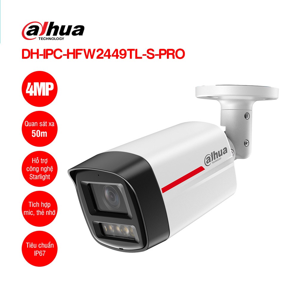 Camera Dahua Ngoài Trời 4MP WizColor Có Màu 24/7 DH-IPC-HFW2449TL-S-PRO - Có Mic, Chống Nước IP67