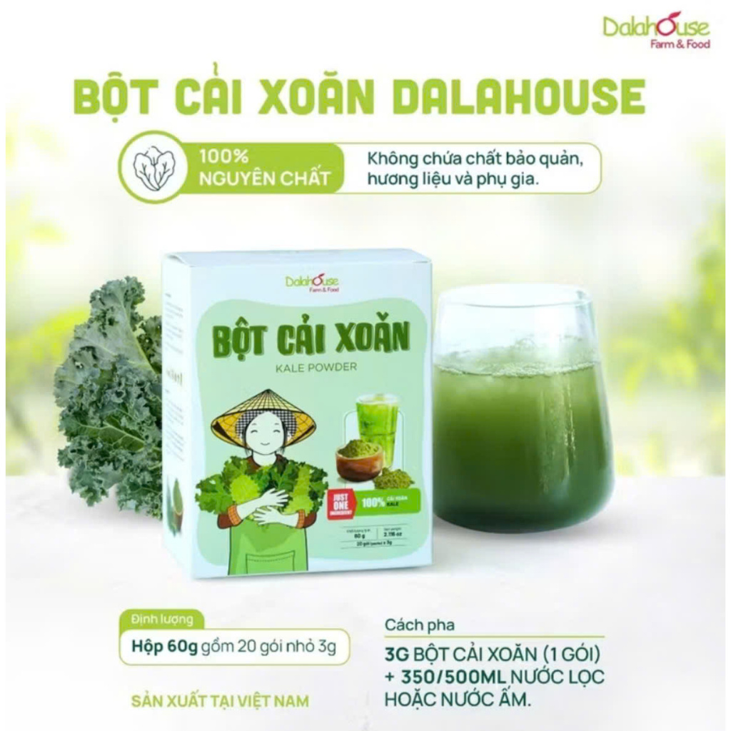 Bột Cải Xoăn - Cải Kale Dalahouse - Cải Kale Hữu Cơ Sấy Lạnh Dalahouse nguyên chất, DATE MỚI NHẤT