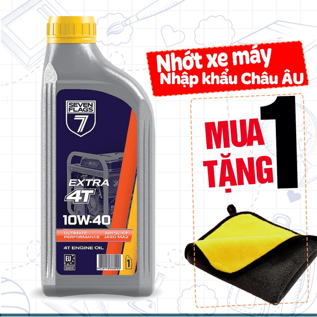 Nhớt Xe Máy 7Flags 10W40 1L, API SL, JASO MA2, Nhập Khẩu Châu Âu, Phù Hợp Xe Số, Xe Ga