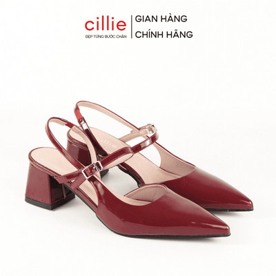 Giày Cao Gót Nữ Cillie Mũi Nhọn Hở Hậu Đế Vuông Chắc Chắn Da Trơn Bóng Giày Đi Tiệc Sang Trọng CG51