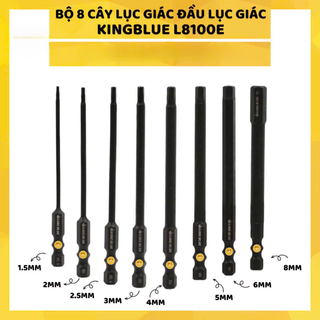 Bộ lục giác KingBlue L8100E và lục giác hoa thị T9100E, kích thước 100mm, chất liệu thép S2, chân lụ