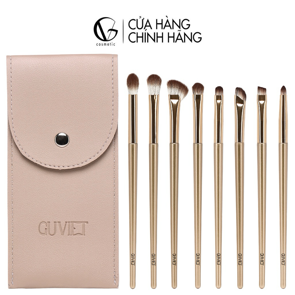 Bộ cọ trang điểm mắt GUVIET màu vàng nâu gồm 8 cọ kèm theo túi da đựng | BigBuy360 - bigbuy360.vn
