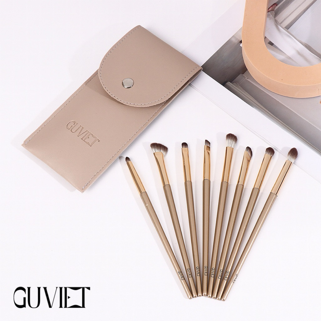 Bộ cọ trang điểm mắt GUVIET màu vàng nâu gồm 8 cọ kèm theo túi da đựng | BigBuy360 - bigbuy360.vn