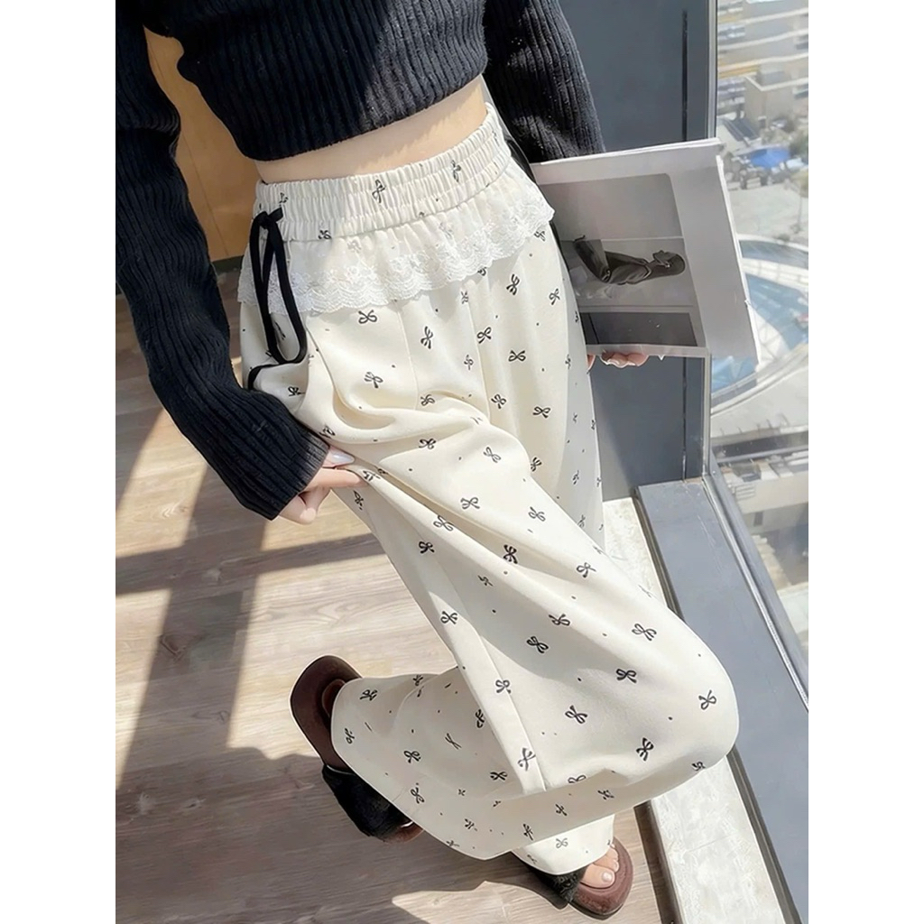 Quần dài ống rộng chất cotton su có dây nơ lai phối ren cho bé gái cực xinh sz(14-44kg)(D44