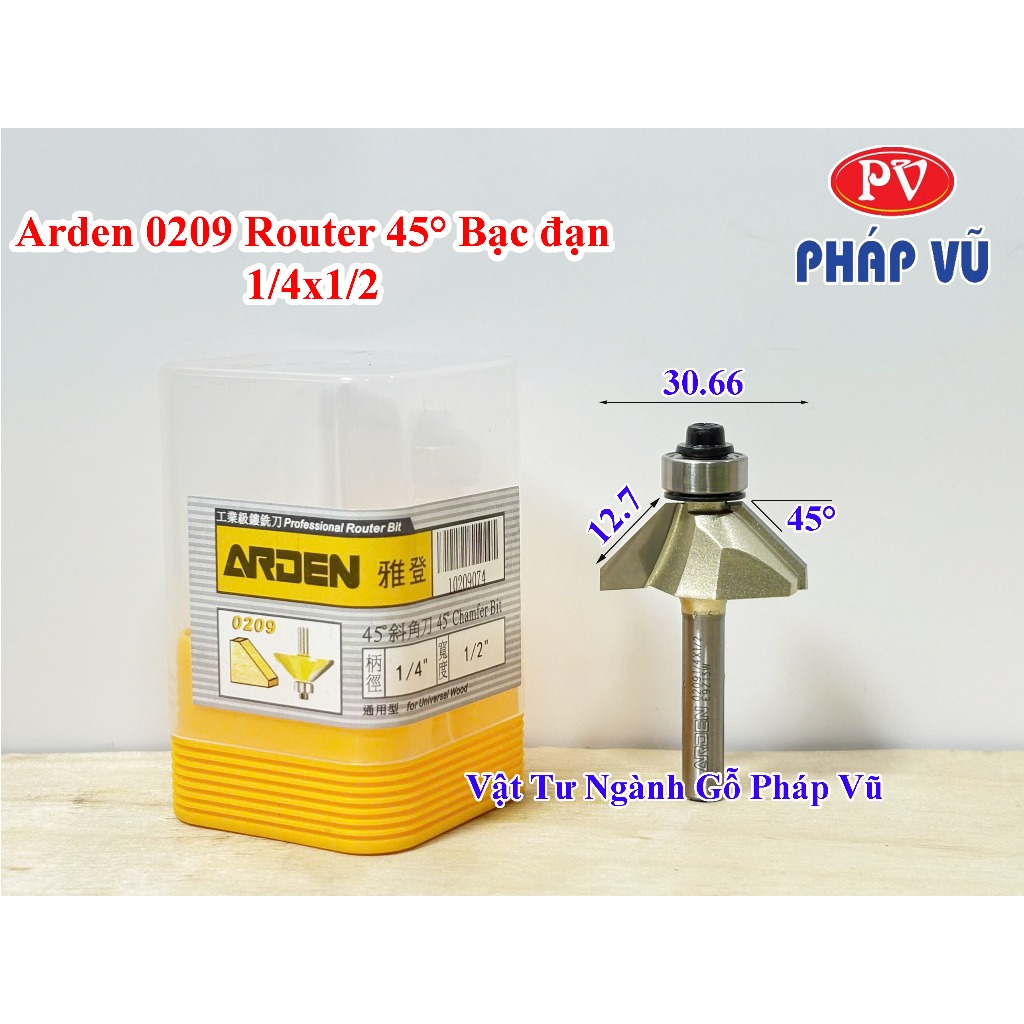 (0209) Mũi phay Arden 0209 Router 45 độ có bạc đạn/Dao phay nghiêng 45 độ có bi tỳ/Mũi Router vát mé