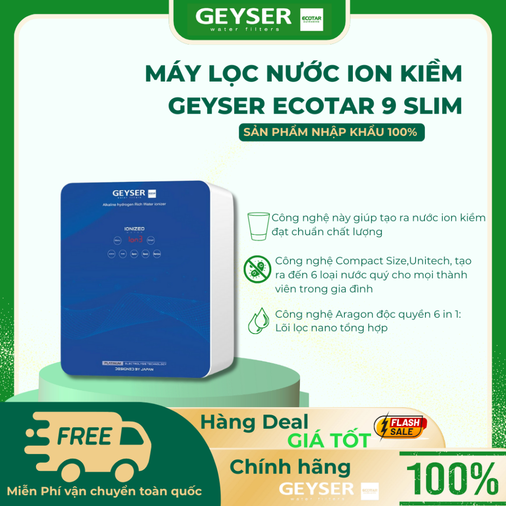 Máy Lọc Nước Ion Kiềm Giàu Hydro Geyser Ecotar 9 Slim T + Tặng Cột UF - Hàng Chính Hãng