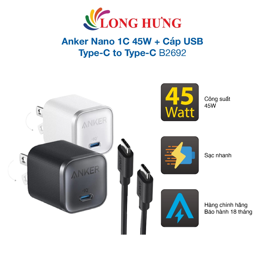 Combo cốc sạc Anker Nano 1C 45W + Cáp USB Type-C to Type-C B2692 - Hàng chính hãng