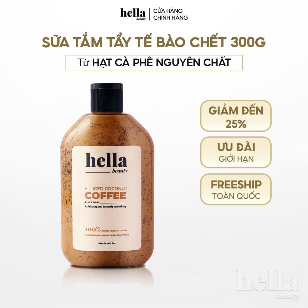 Sữa tắm tẩy tế bào chết hạt cà phê Hella Beauty 300ml