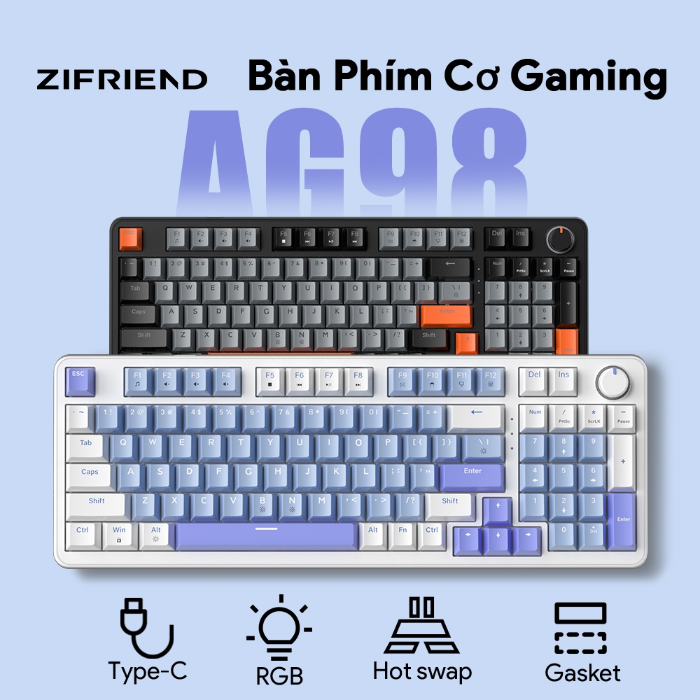 Bàn Phím Cơ Gaming ZIFRIEND AG98, 98 phím, Hỗ trợ hotswap, Red / Blue Switch, LED RGB, Gasket Mount