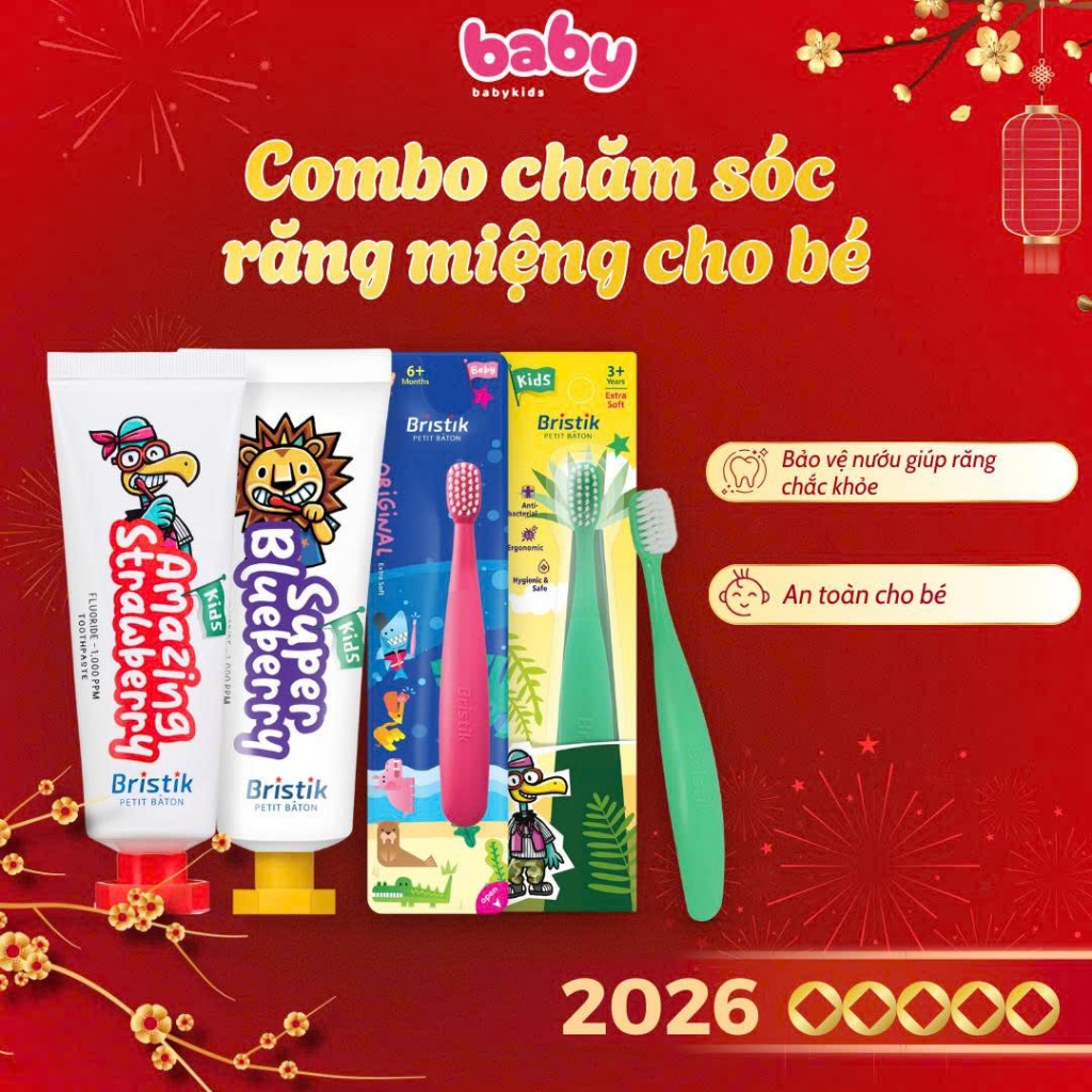 Combo Chăm Sóc Răng Miệng Bristik Bàn Chải +Kem Đánh Răng Hàn Quốc Cho Bé Hữu Cơ Giúp Chống Sâu Răng
