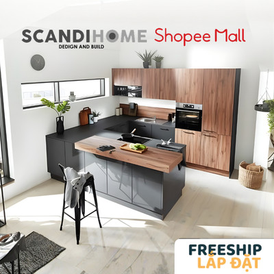 KITCHEN, Tủ bếp chữ U gỗ công nghiệp Acrylic bóng gương KIT_012, kệ bếp Scandi Home