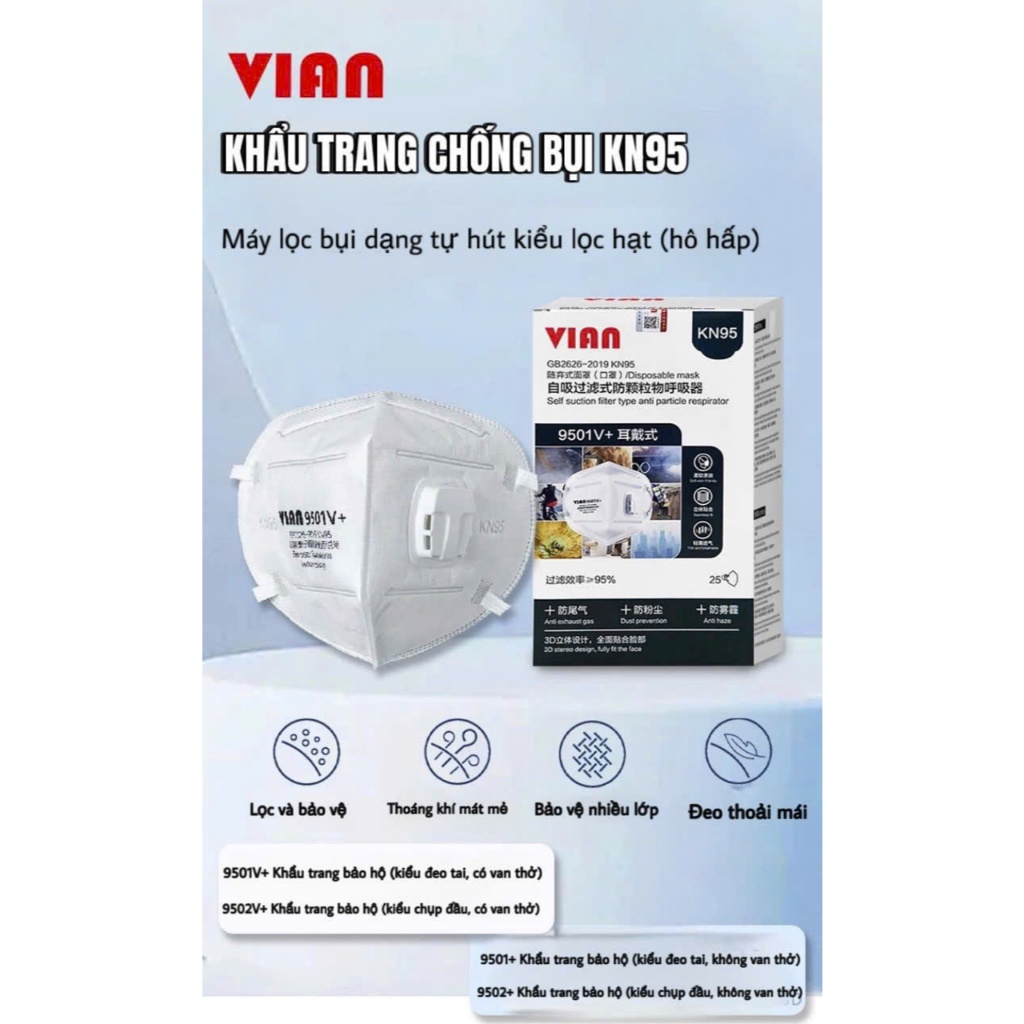 Khẩu trang KN95 chống bụi mịn, virus, phấn hoa, có van thở 1 chiều. Đáp ứng tiêu chuẩn KN95 Hoa Kỳ