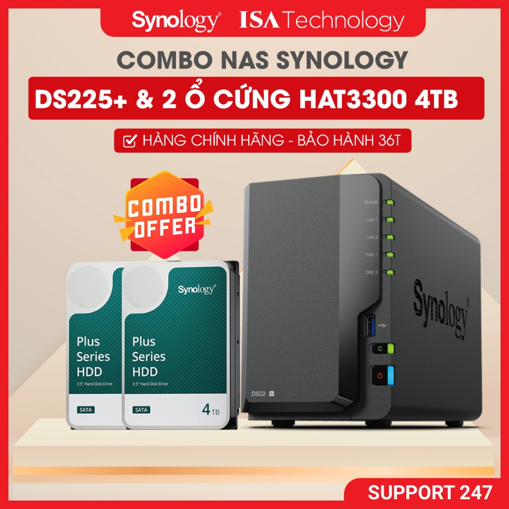 NAS Synology DS225+ và Ổ cứng HDD HAT3300 4TB thiết bị lưu trữ mạng 2 bay ổ cứng mới nhất năm 2025